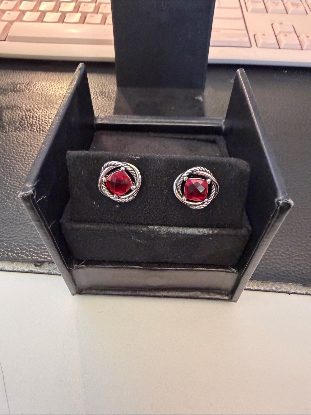 David Yurman Red Gemstone and Silver Cable-Accent Stud Earrings